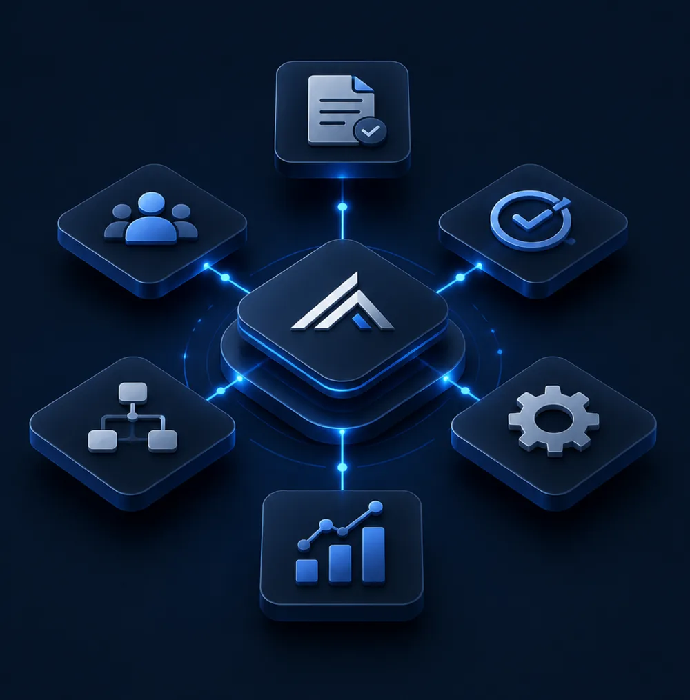 The Ascend mark at the center of a system, connected to tiles for documents, teams, approvals, workflows, settings, and reporting
